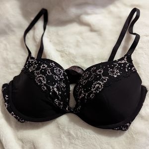 Victoria's Secret Black Push-up with black and pink floral lace detail 34D Bra